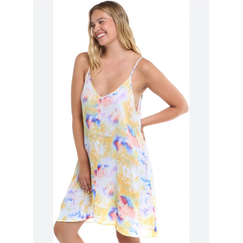 Body Glove Womens‎ Tie Dye Mini Dress Yellow Blue Pink Rayon Gauze Size Large